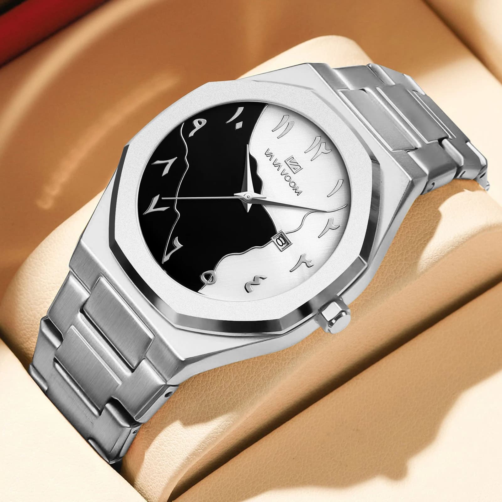 Men's watch from the best brands marble dial 42 mm Arabic scale quartz movement stainless steel silver businessman sports wristwatch