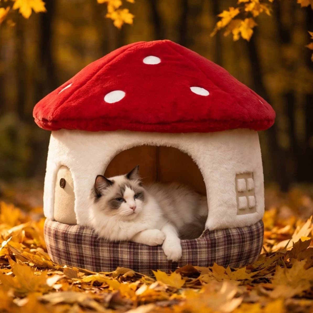 Mushroom Chestnut-Theme Semi-Enclosed Pet Bed for Dogs And Cats Warm Autumn Winter Dog Bed with Ample Space for Cozy Napping
