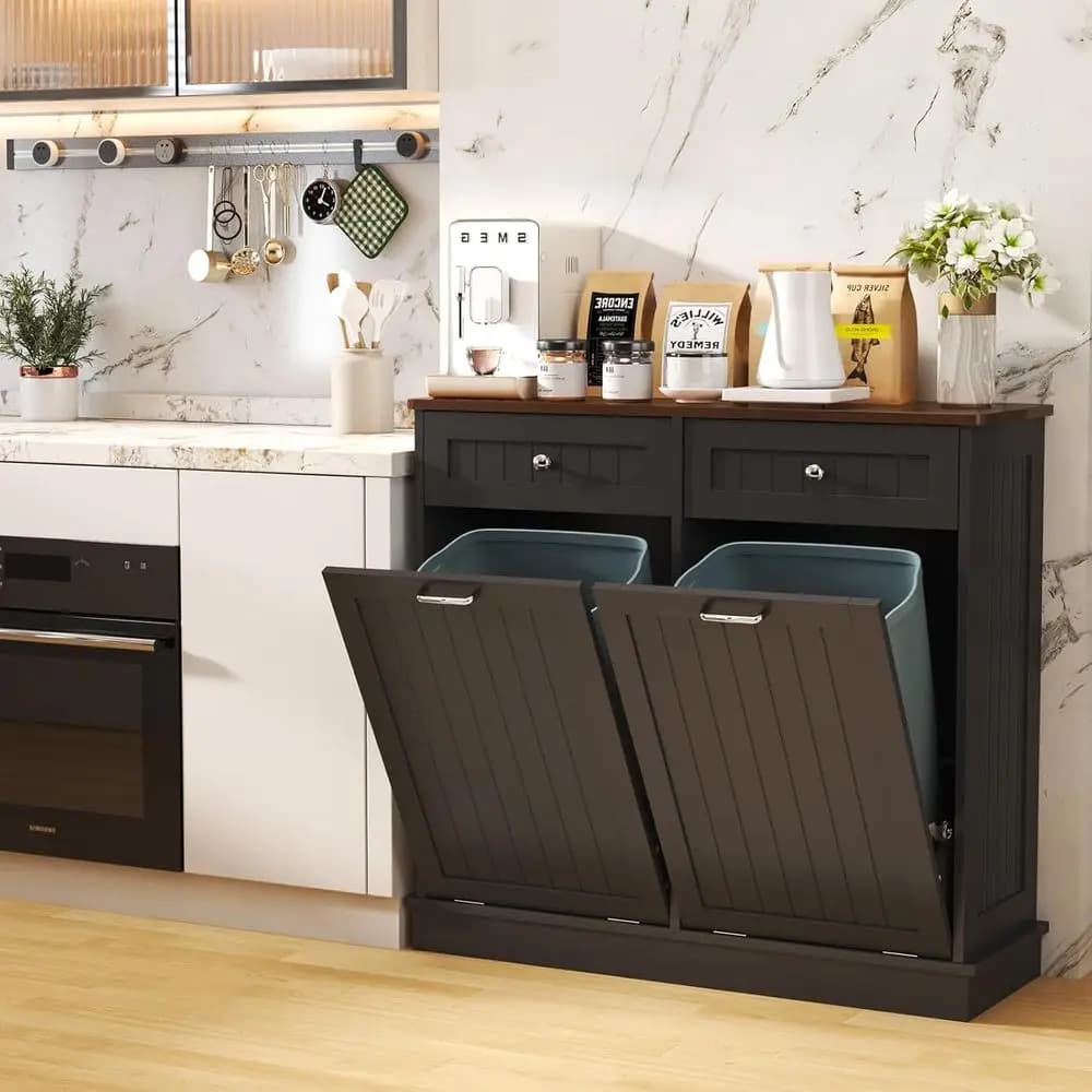 Mobiletto porta pattumiera a doppio scomparto in legno, a prova di cane, con porta pattumiera nascosto, mobiletto da cucina autoportante per la raccolta differenziata (Nero)