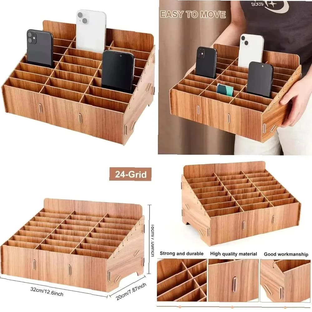 Scatola portaoggetti in legno a 24 scomparti per cellulari, organizer da scrivania per la gestione di telefoni e accessori per ufficio e scuola
