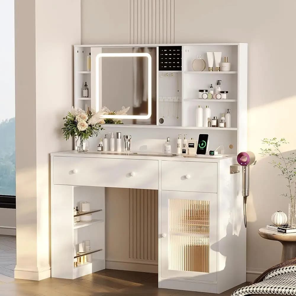 Tavolo da Trucco con Piano in Vetro, Specchio Scorrevole, Luci, Vano Nascosto e Porta Asciugacapelli, 43 Pollici, Bianco