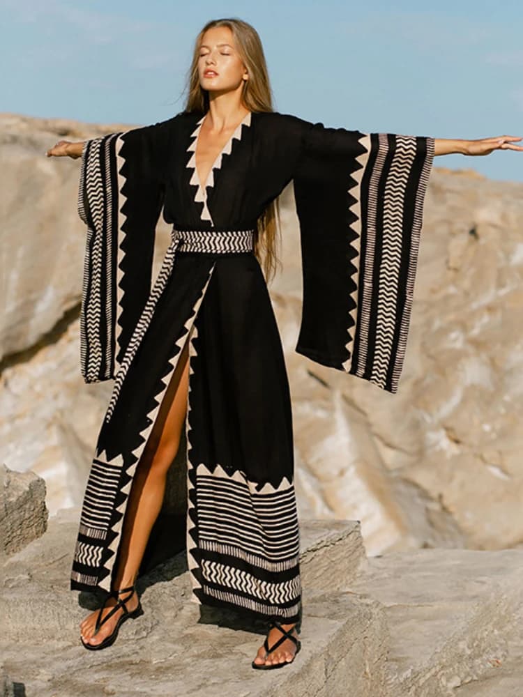 Beach Kimono Women Summer Super Wide Sleeve Self Belted Wrap Dresses Geometric Printed Fashion Bathing Suits Pareo V2970