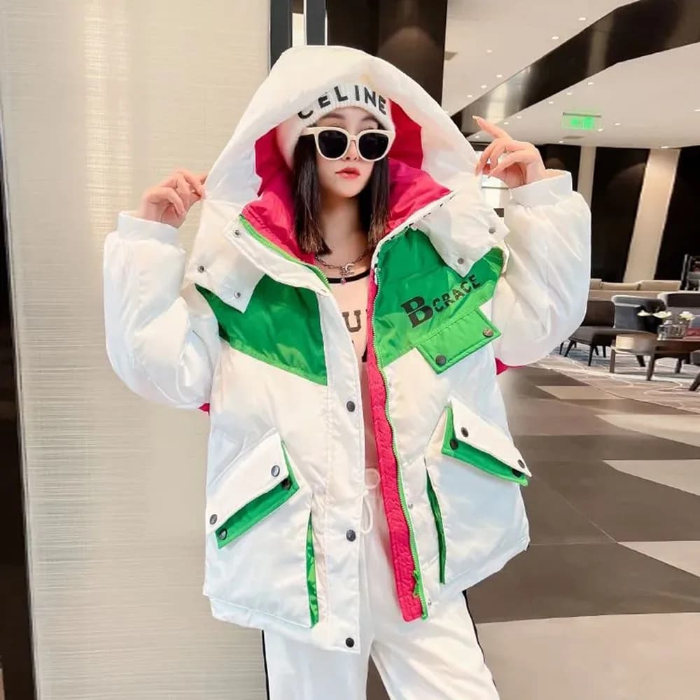 Women's Parka with Winter Hooded Down Jackets with loose hood Addens Warm Coat Fashion Pocket Wraped Women's Coat White Cotton