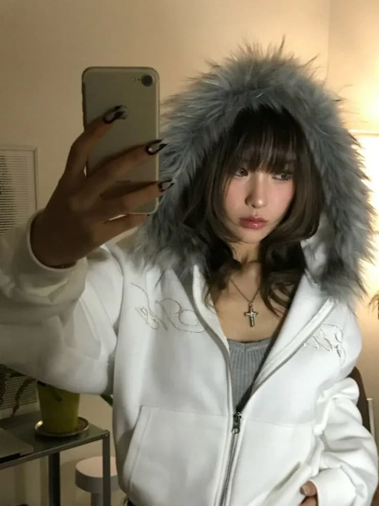 Thickened Embroidered Letter Hooded Sweatshirt Jacket with Fur Collar Street Style Autumn Winter New Arrival for Women