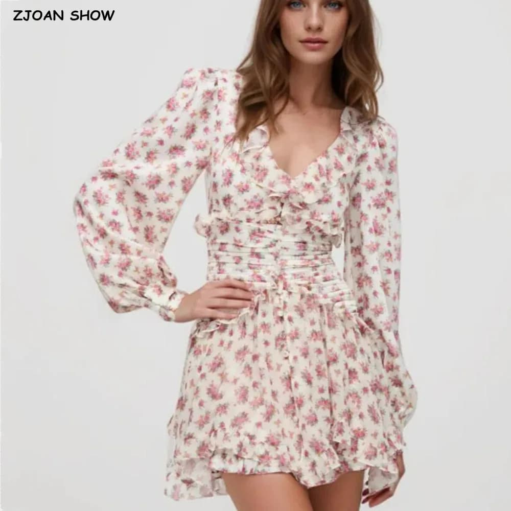 2025 Women's Long Sleeved Dress with Pink White Floral Print Open Buttons Wooden Earrings Heel with Volant Mini Shirt Dresses Holiday Dress