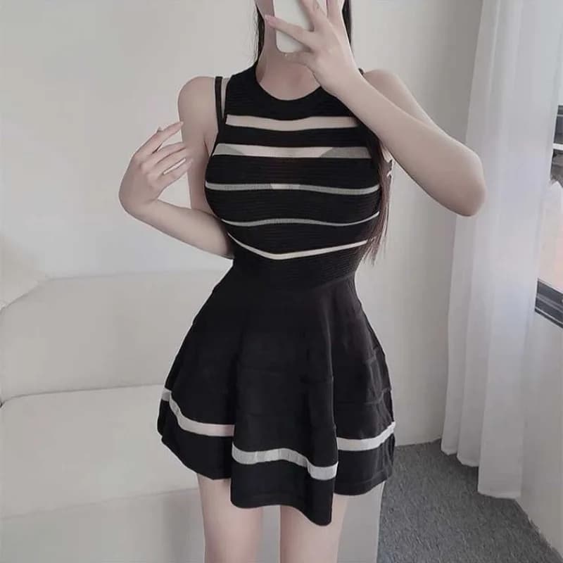 Slimming Sweet And Spicy Sexy Women's Knitted Dress with Patchwork Horizontal Stripes Sleeveless Soft Polyester Blend Summer ...