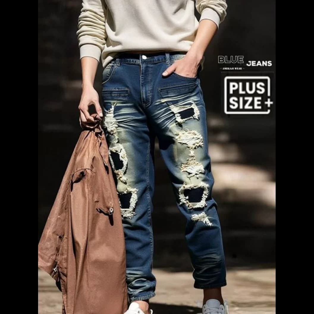 Slim fit blue men's jeans with splashed ink effect, micro-elastic, washed and worn, strong sizes 6XL 5XL, new fashion 2026