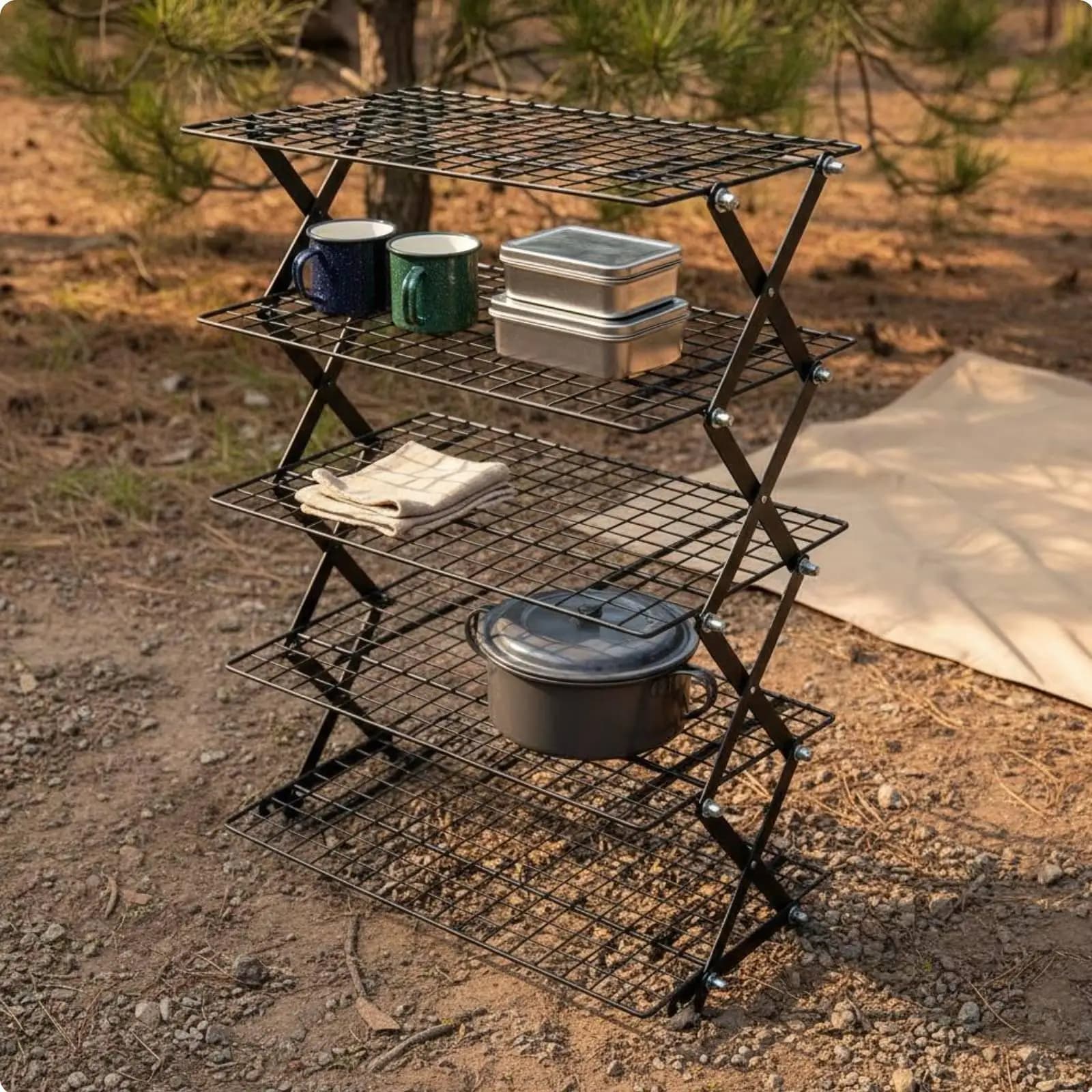 Folding Storage Shelf Multi Layer Foldable Iron Mesh Rack Space Saving Organizer Shelf for Kitchen Travel Camping Gear
