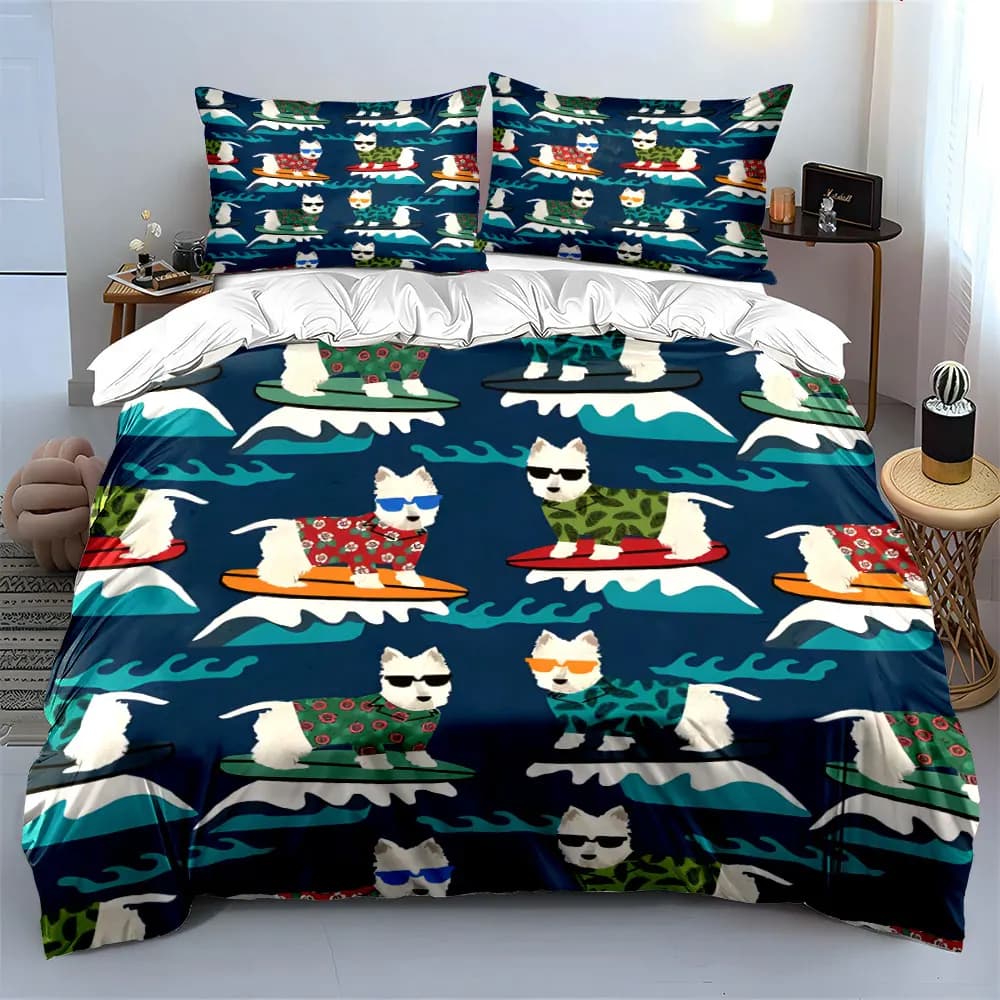 "Surfing Dogs Pattern Bedding Set" Soft Skin-Friendly Bedding Set Includes 1 Duvet Cover And 2 Pillowcase, Gift