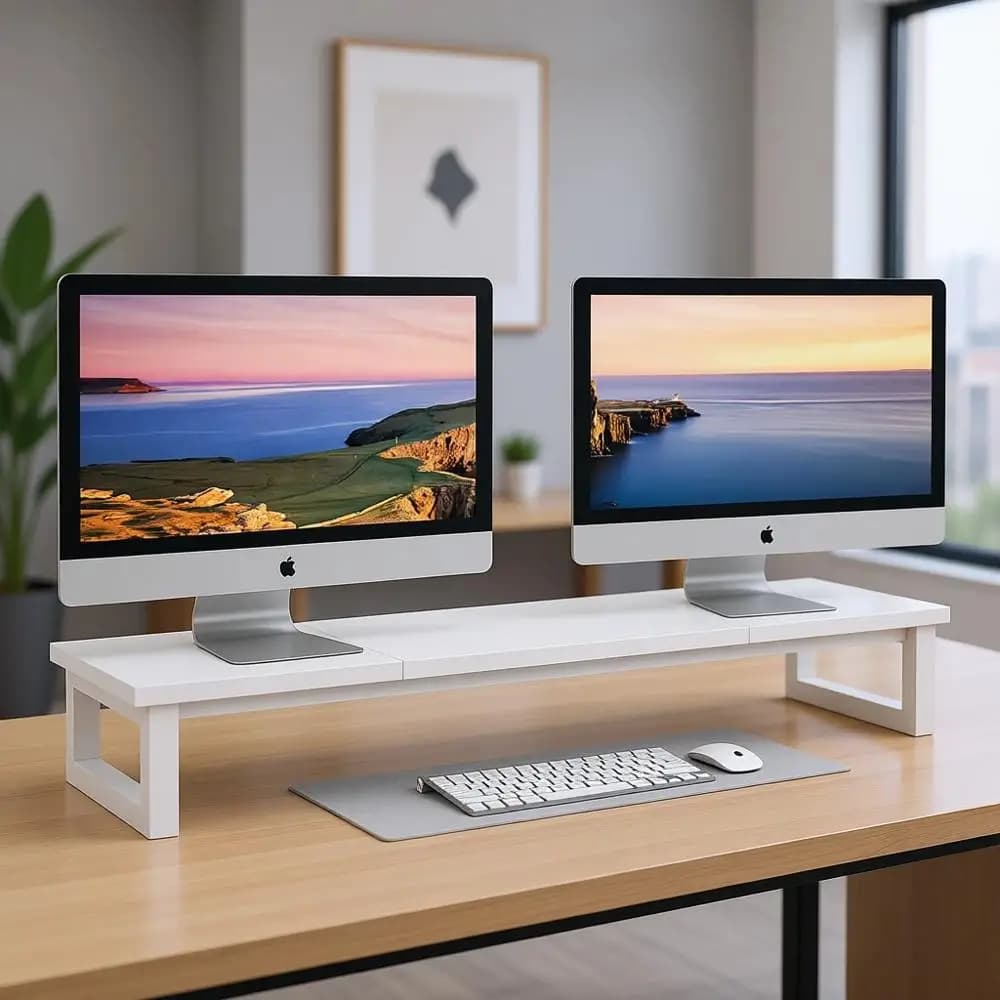 Supporto per 2 Monitor Largo 39 Pollici, Organizzatore da Scrivania in Legno per 2 Monitor, Laptop e TV