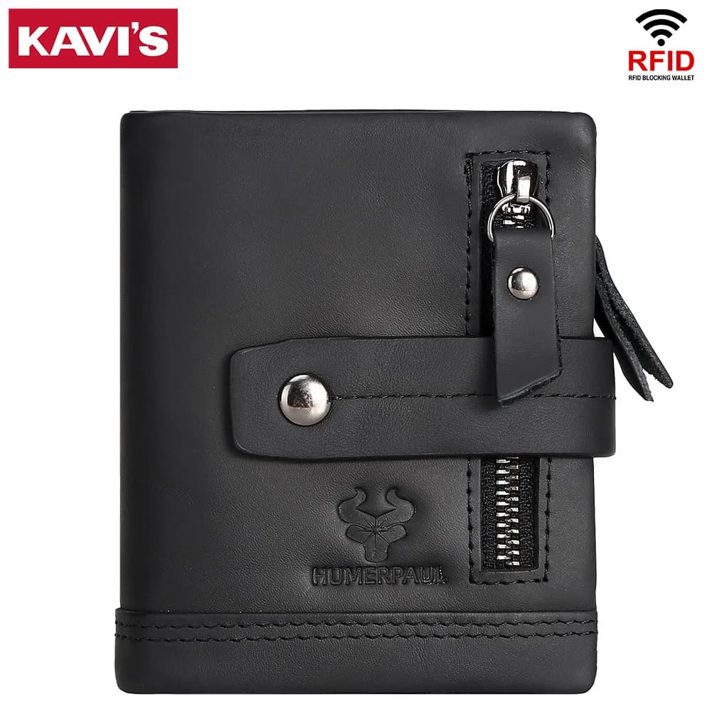 KAVIS Men's double folding wallet, short cowhide wallet, RFID leather wallet, large-capacity multi-card slot