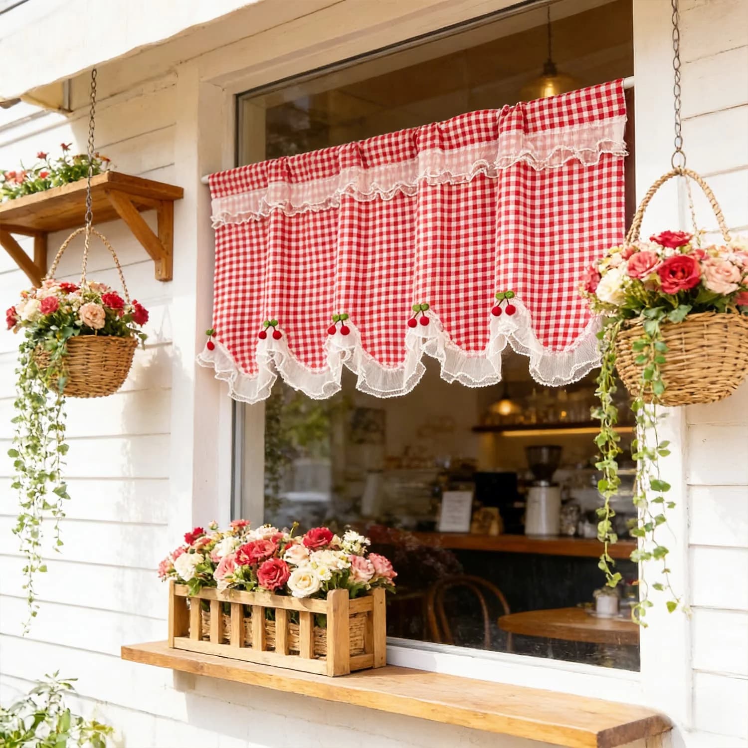 1PC Classic Red Lattice Lace Curved Curtain for Small Window Cabinet Door Kitchen Drape With Red Cherries Home Decoration