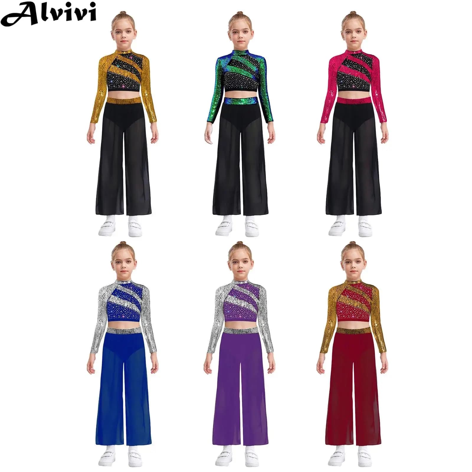 Completo da Danza Lirica Moderna per Bambina: Top Corto Lucido con Pantaloni in Chiffon con Spacco Laterale e Slip Integrato - Abbigliamento per Ginnastica e Pattinaggio