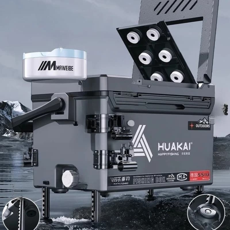 Multifunctional stool for storing equipment with adjustable feet, wild fishing equipment for all terrain, durable folding fishing box
