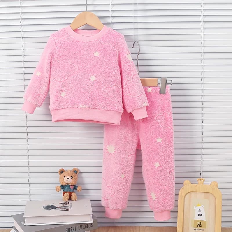 Neonata rosa autunno/inverno peluche notte fluorescente casa pelliccia bambino caldo pigiama Set dolce accessori Chid