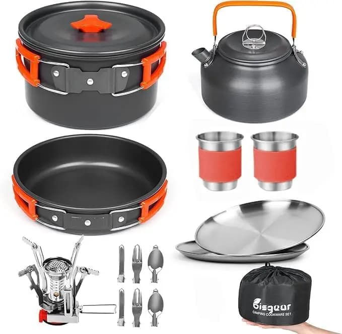 Set da Cucina da Campeggio con Fornello, Pentole, Padelle, Tazze, Piatti e Utensili - Kit da 16 Pezzi per Cucinare all'Aperto