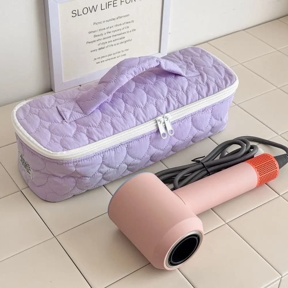 Heart-Shaped Quilting Portable Hair Dryer Tote Bag Large Capacity Zippered Closure Curling Iron Carrying Case Protective
