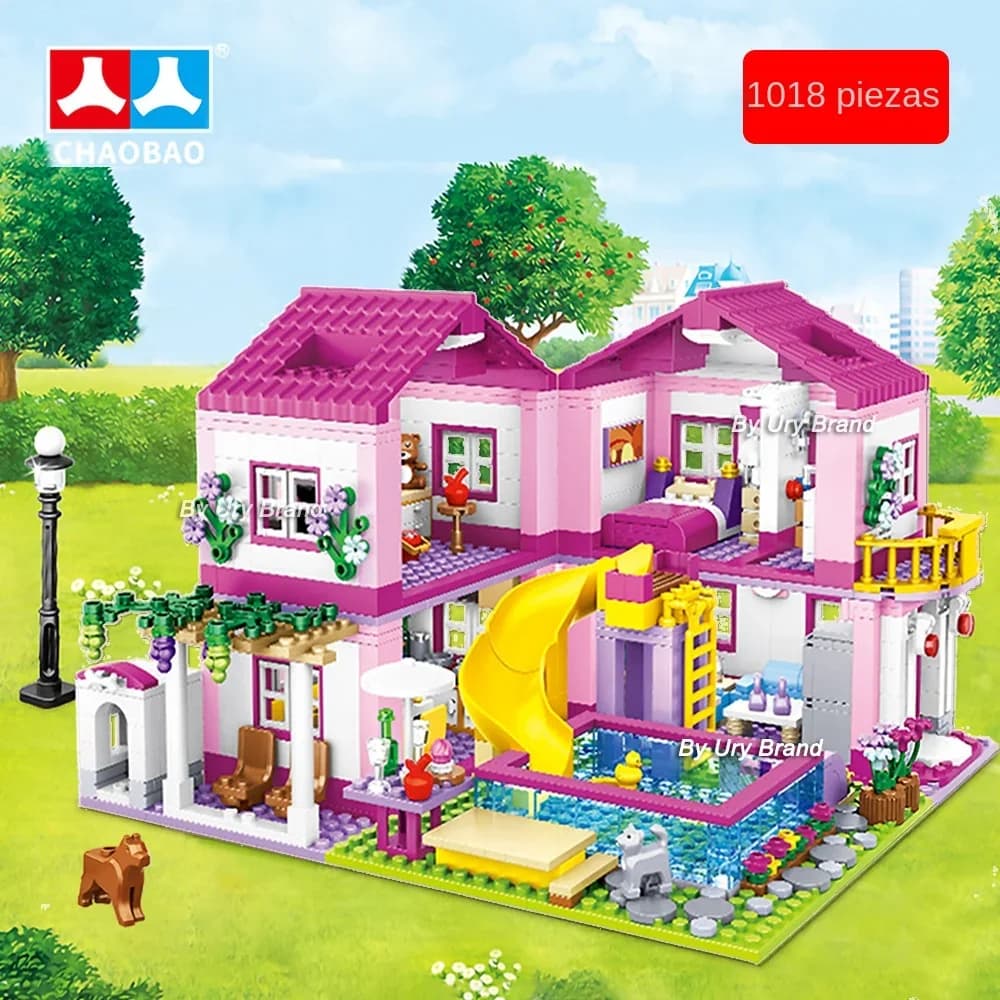 Set di Blocchi da Costruzione Friends City House, Villa Estiva, Castello con Piscina, Giocattoli Fai-da-Te per Bambini e Ragazze, Regalo di Natale