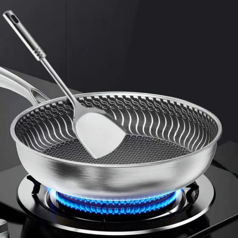 Padella Antiaderente in Acciaio Inox 316 a Triplo Strato, Wok con Superficie a Nido d'Ape su Entrambi i Lati, Adatta a Tutti i Tipi di Fornelli