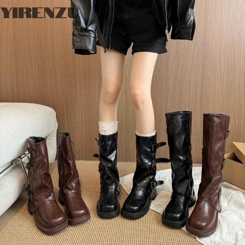 Women's Western Style Belt Buckle Pleated Thick Bottom Mid-Calf Boots Autumn Winter New Style Cuff Trendy Boots over Knee