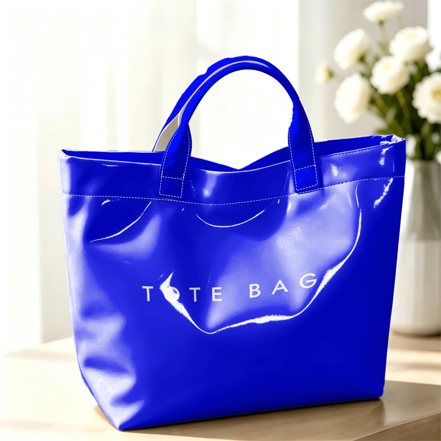 Blue Back Fashion Large Glossy PVC Tote Bag Hand Washable Waterproof Perfect Travel Commute Cosmetic Storage Shopper