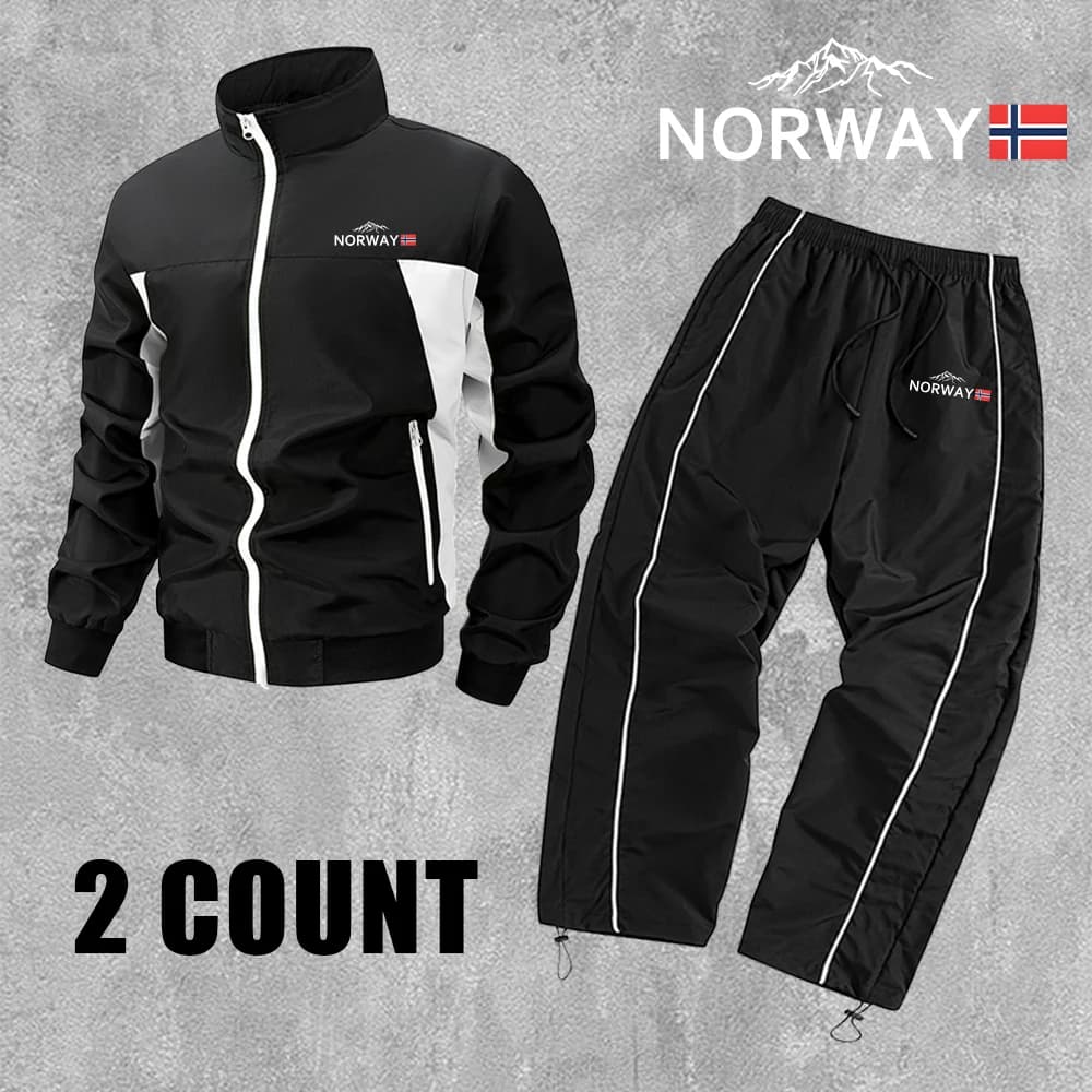 Men's NORWAY Mountain Print Gym Set With Zipper Jacket And Drawstring Trousers Autumn Casual Commute Street Style Sportswear