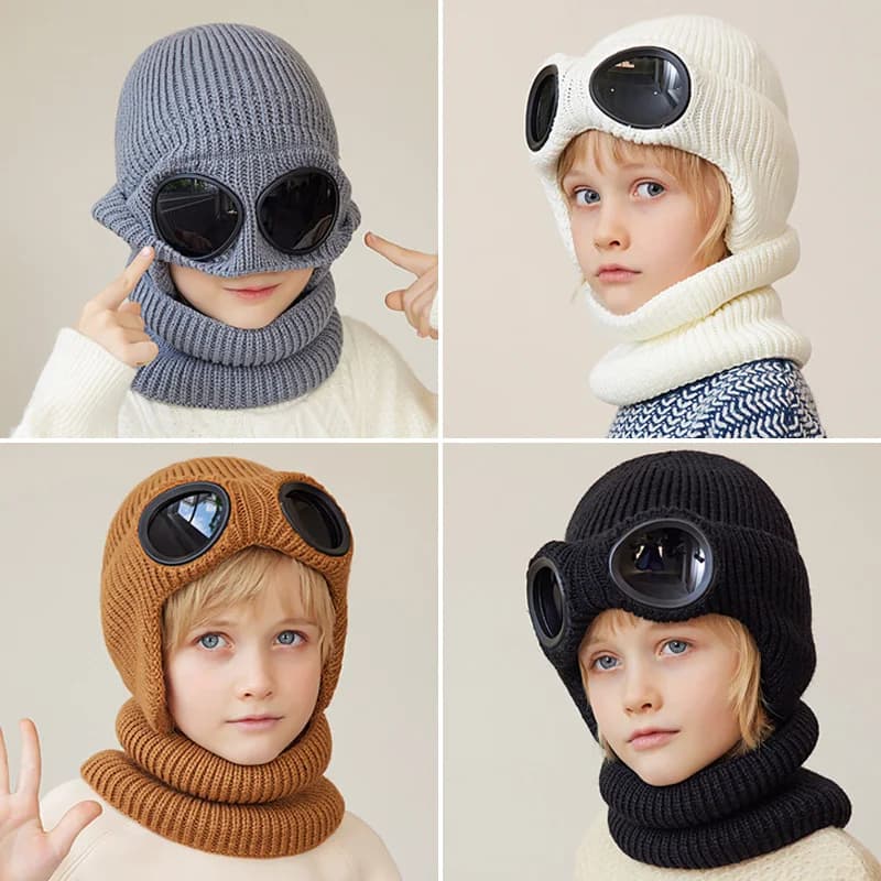 Winter Children Hat Scarf Set for Boys Girls Knitted Hats Glasses Plus Velvet Astronaut Beanie Ear Warm Kids Skiing Accessories