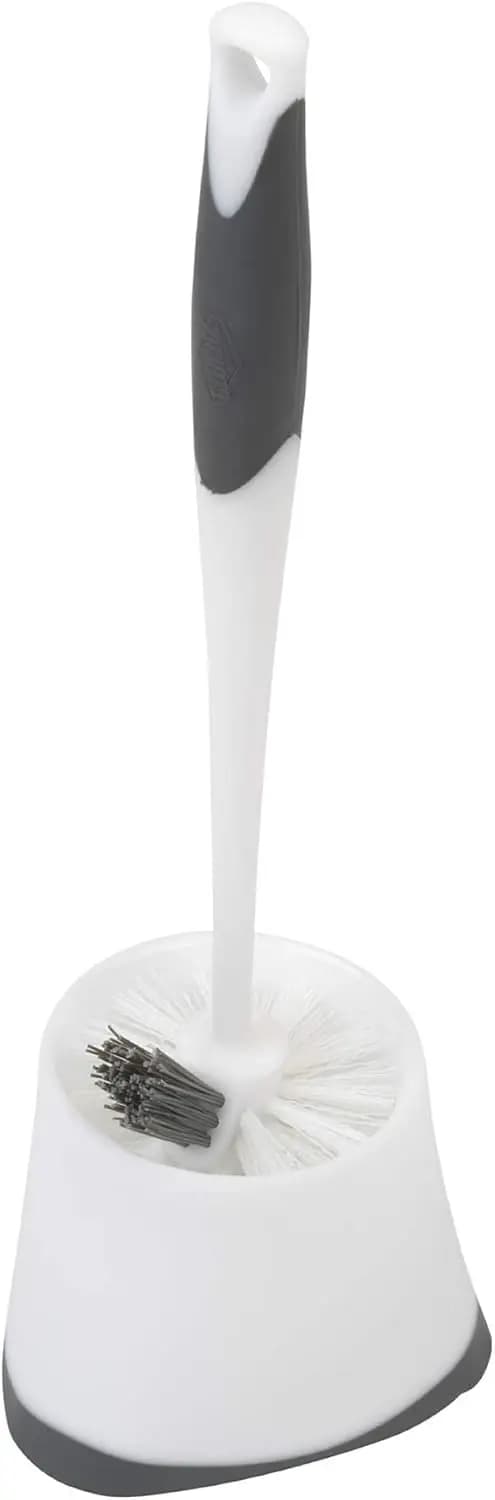 Corner Toilet Bowl Brush with Under Rim Scrubber, Includes Corner Storage Caddy, White