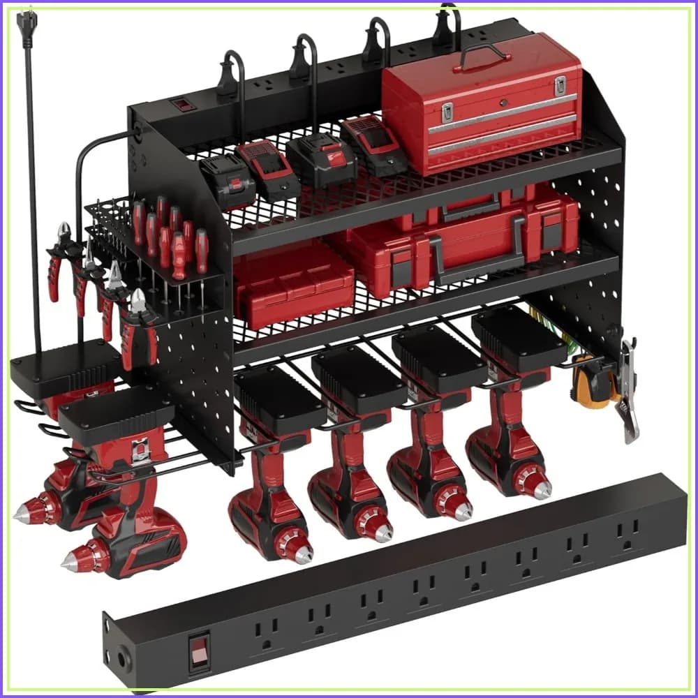 Power Tool Organizer Wall Mount with Charging Station, 8 Outlet Heavy Duty Metal Garage Tool Storage Rack, 23 Inch 3 Tier Shelves for Workshop & Garage Organization