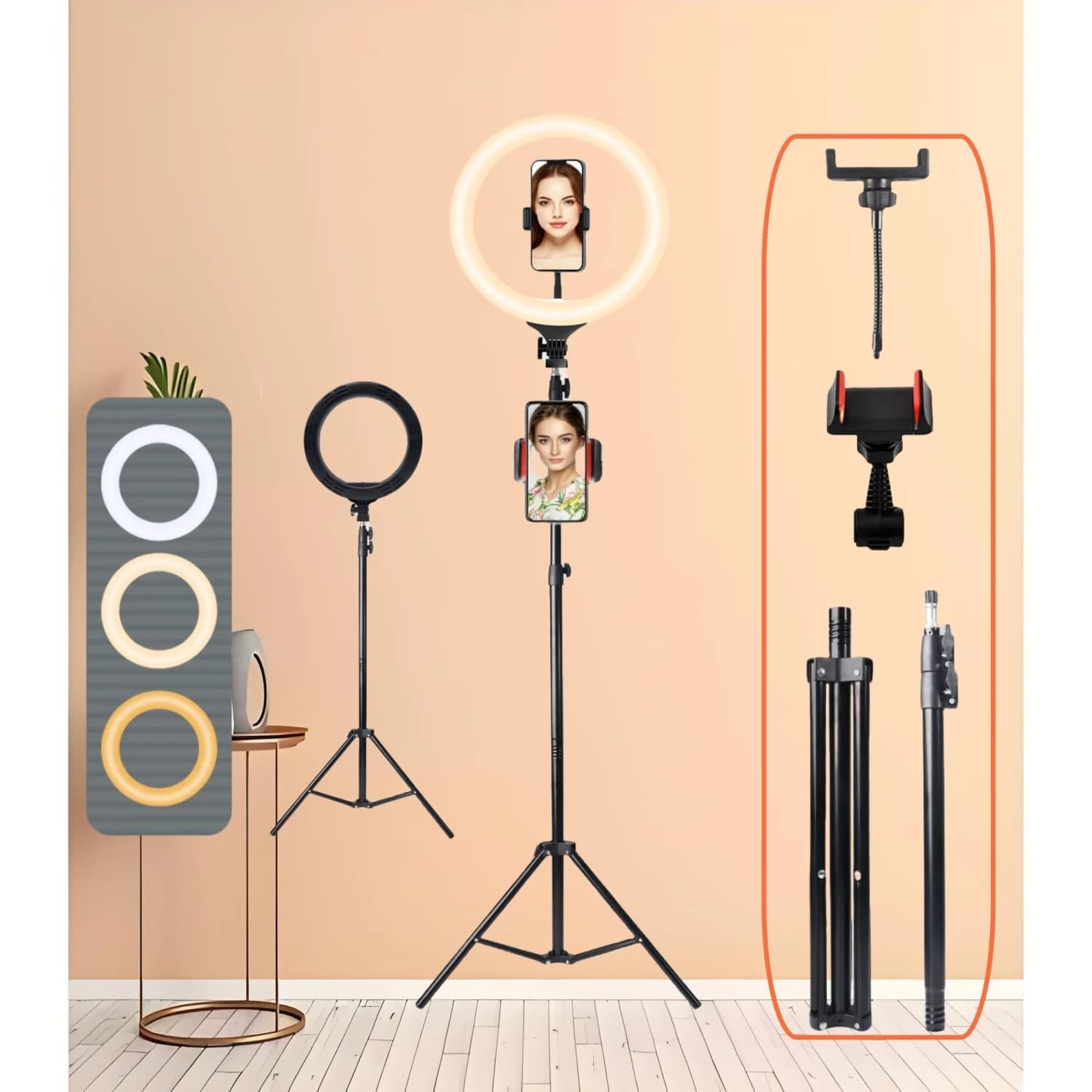 10 Inch 3-Color Dimmable Ring Light with Handle & Extendable Tripod,2 phone clips, Wired Control, Stable 2-Section Stand 160cm