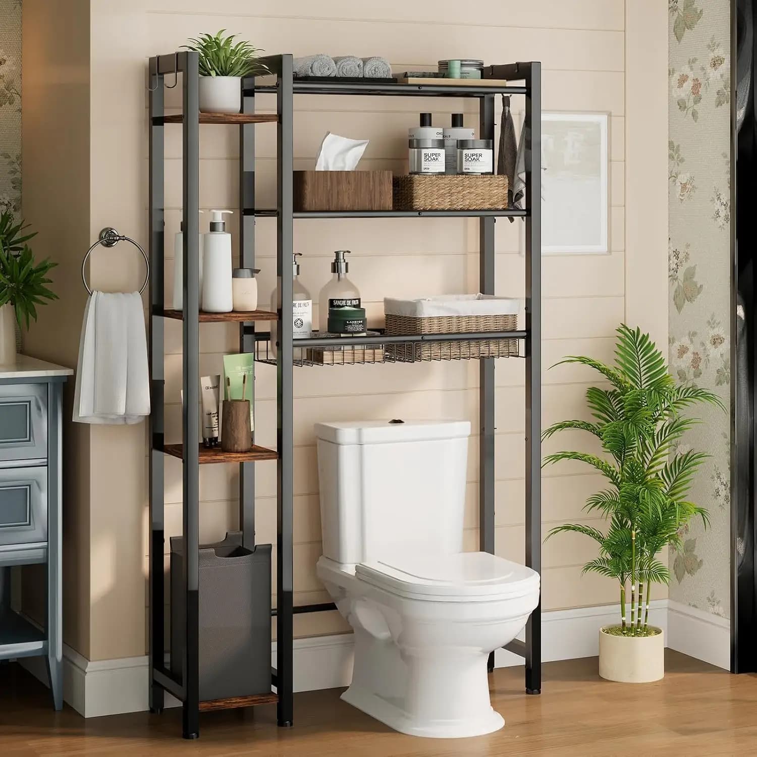 Organizzatore da Bagno a 7 Ripiani Sopra il WC con Scaffale Laterale, Ripiano Regolabile e Cestello di Drenaggio, 4 Ganci, Autoportante