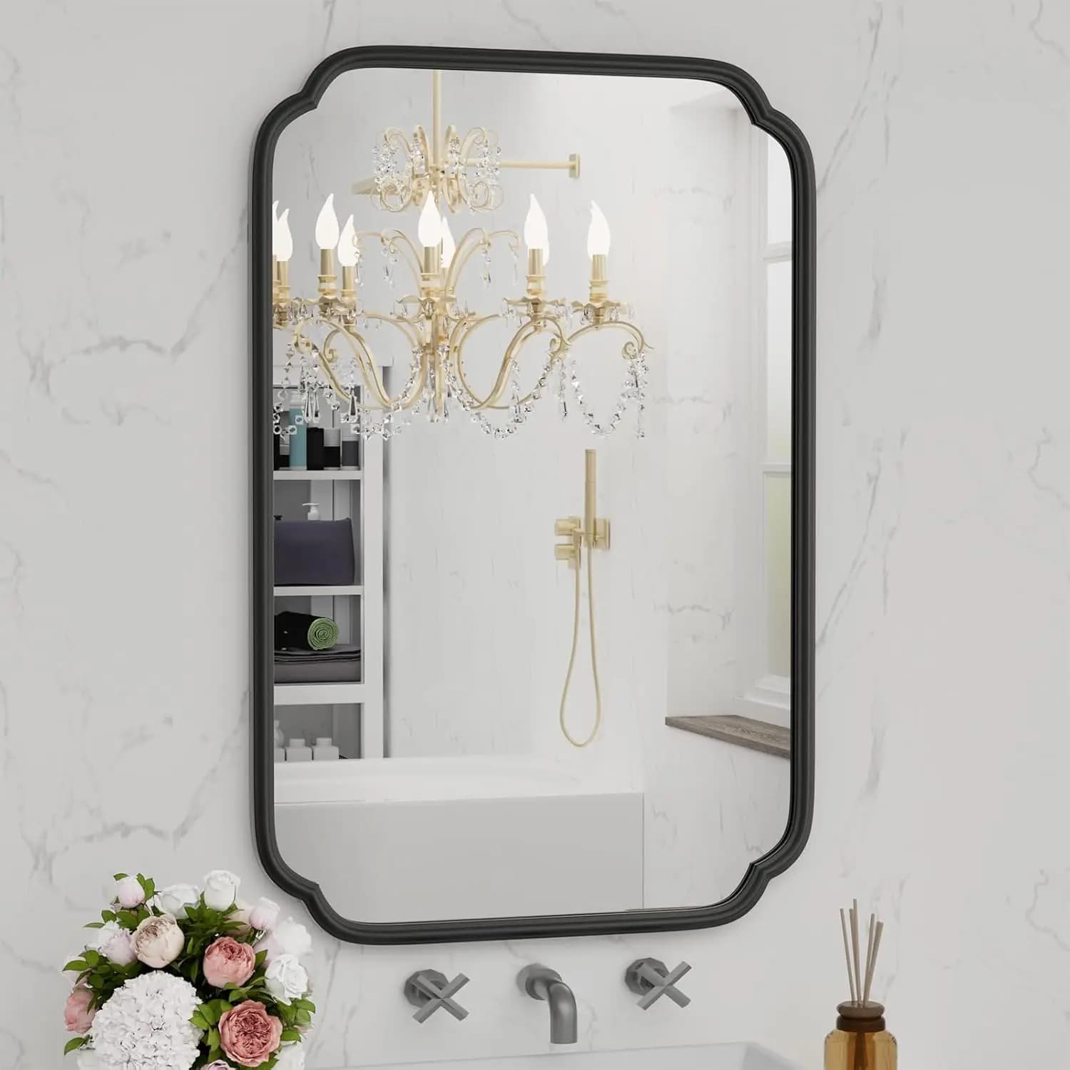 Specchi Neri per Bagno da Posizionare Sopra il Lavabo 24" x 36" Specchio Rettangolare Moderno con Angoli Arrotondati e Struttura in Ferro Antiruggine