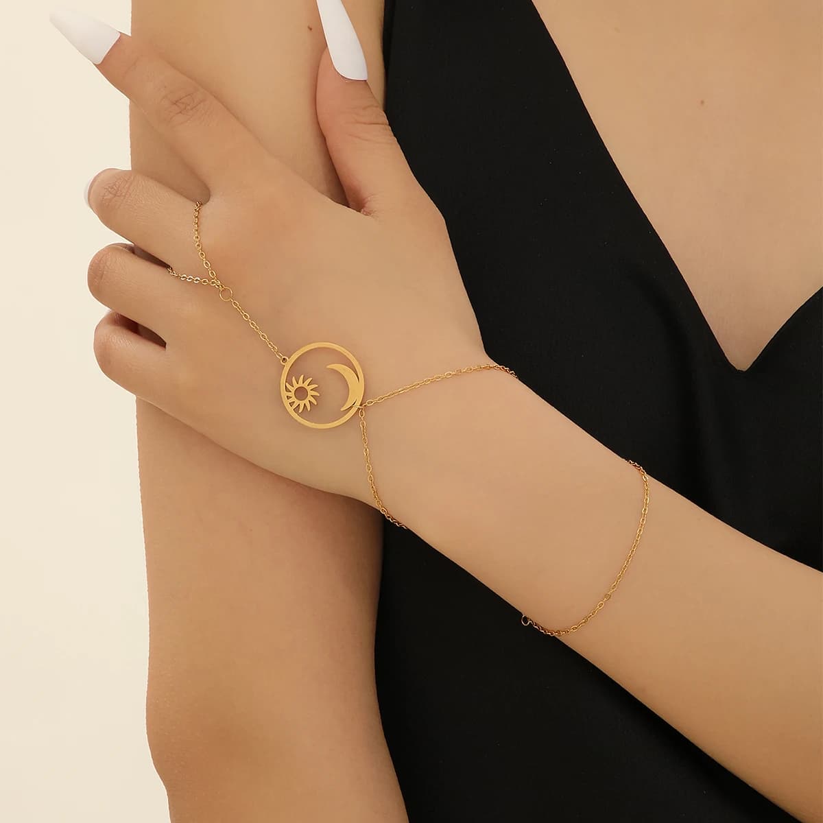 QIAMNI Women Sun and Moon Wrist Link Bracelet Connected Finger Ring Chain Adjustable Bracelet Hand Harness Jewelry Lover Gift