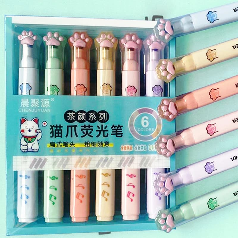 6 pz/set Kawaii Zampa di Gatto Evidenziatore Fluorescente Penne Pennarelli Pastello Penna Da Disegno Studente Scuola Forniture Per Ufficio Carino Cancelleria