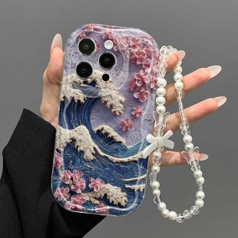 Wave Flower Creative Design Clear Wavy-edge Phone Case For iPhone 11 12 13 14 15 16 17 Pro Max 16E 17E With Lanyard Soft Cover