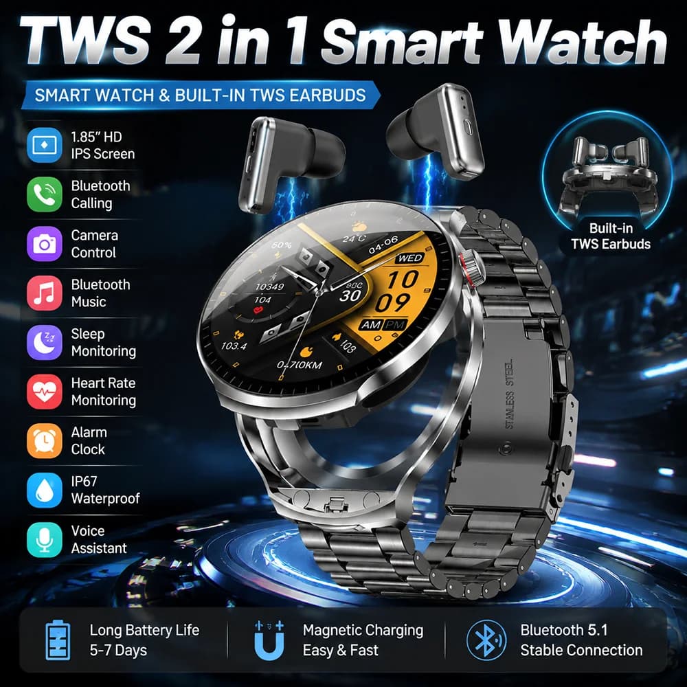LIGE 2 in 1 Smart Watch with TWS Wireless Earbuds Bluetooth Call Heart Rate Sport Fitness Tracker Men Smartwatch For Android IOS