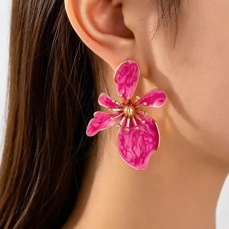 Marbled Enamel Flower Earrings with Premium Gold Trim Elegant Chic Design for Women Wedding Evening Party