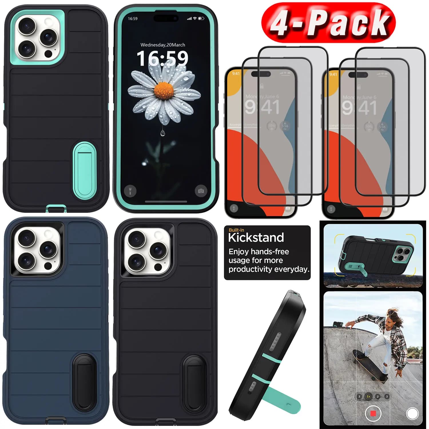 Per iPhone 16/16 Pro/16 Pro Max/16 Plus Custodia con cavalletto Custodia antiurto per telefono + 4 pezzi Proteggi schermo in vetro temperato trasparente