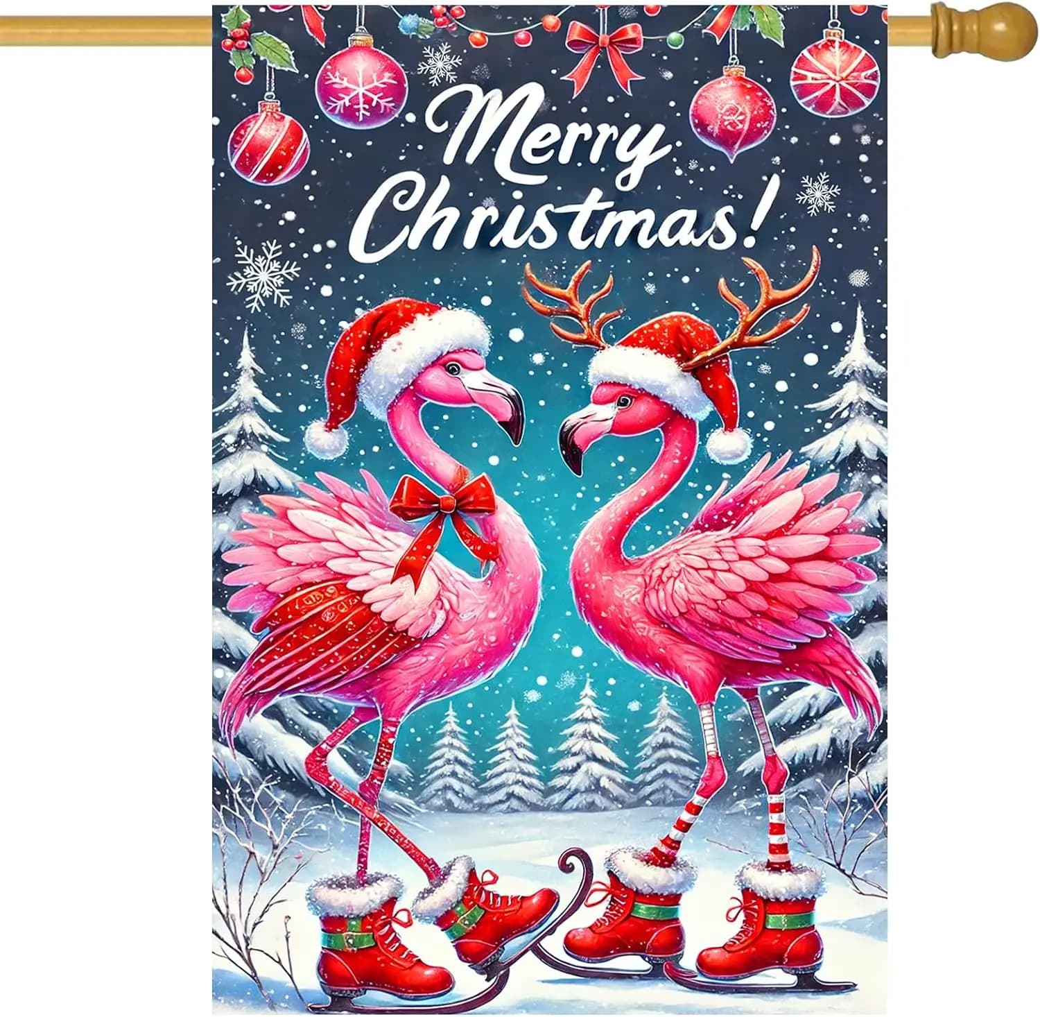Bandiera natalizia da giardino 28 x 40 pollici, bifacciale, con due fenicotteri con cappelli da Babbo Natale e pattini da ghiaccio per l'inverno LLG