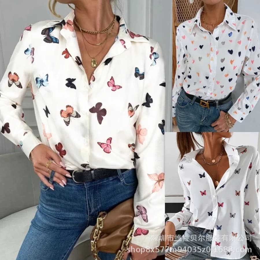 Camicia moda manica lunga bianca con stampa farfalla Donna 2025 Bottoni primaverili Casual Streetwear Top e camicetta Top Femme Camicie