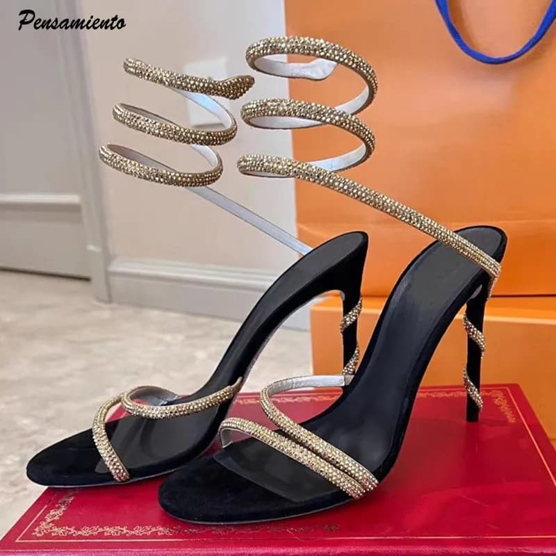 Estate sexy cinturino alla caviglia cinturino alla caviglia sandali gladiatore da donna moda strass stiletto tacchi alti scarpe da sposa per feste da donna