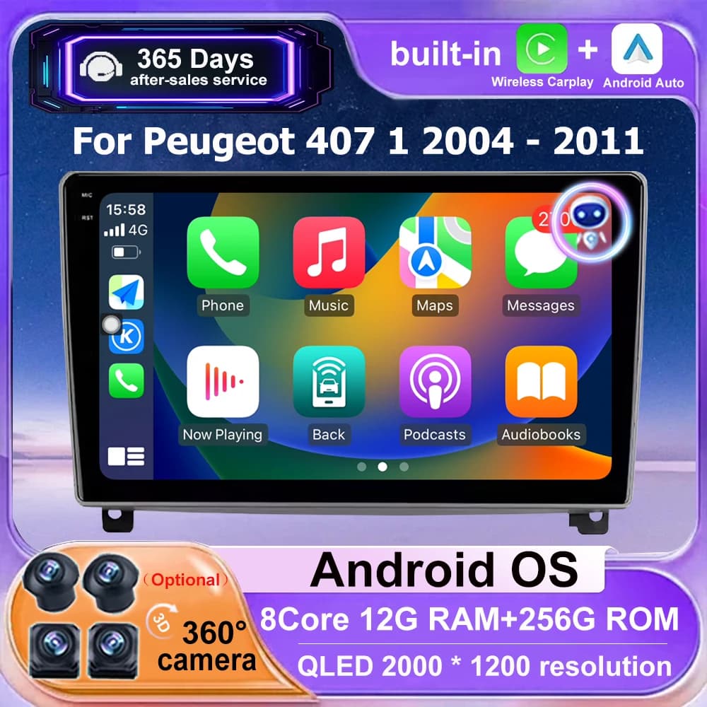 Autoradio Multimediale con Navigatore GPS e Stereo per Peugeot 407 1 2004 - 2011, Android 16, Carplay, 4G, WIFI, Bluetooth