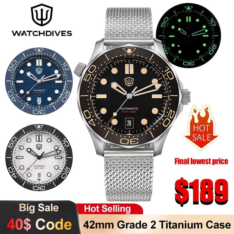Watchdives WD007 V4 Mechanical Watch Grade 2 Titanium PT500 Automatic Movement Luxury Watches 42mm Sapphire Luminous Mens Watch
