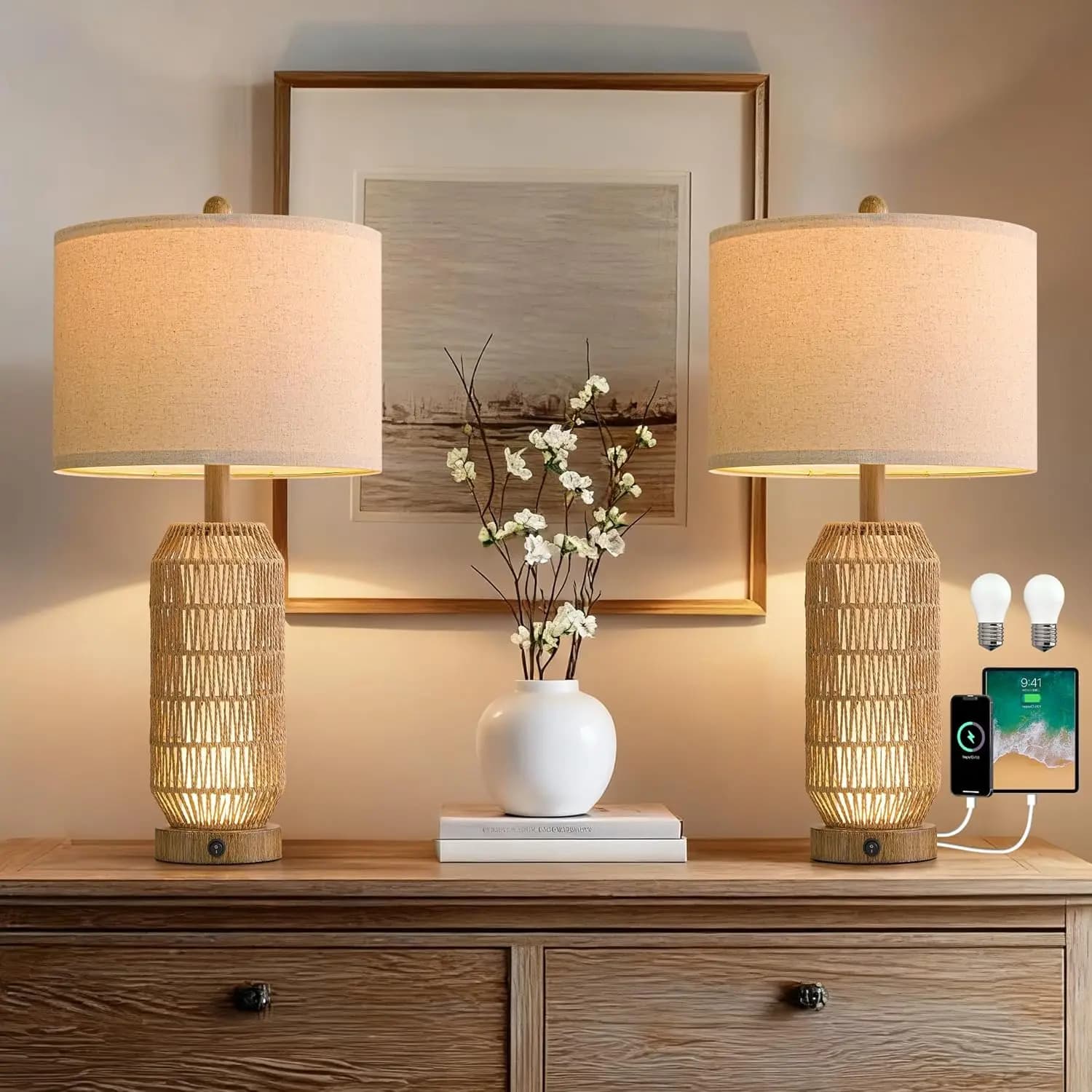 Set di 2 Lampade da Tavolo Boho Farmhouse con Ricarica USB C+A, Luce Notturna, in Rattan e Vetro Satinato per Camera da Letto