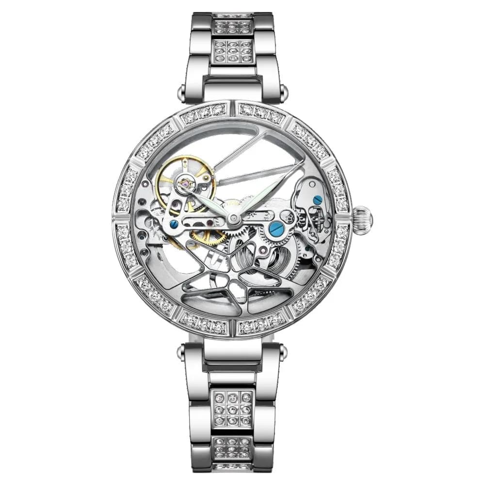 Orologi di moda con quadrante argentato scheletrato di lusso con cinturino in acciaio inossidabile Nuovo orologio da polso meccanico automatico per donna Reloj Mujer