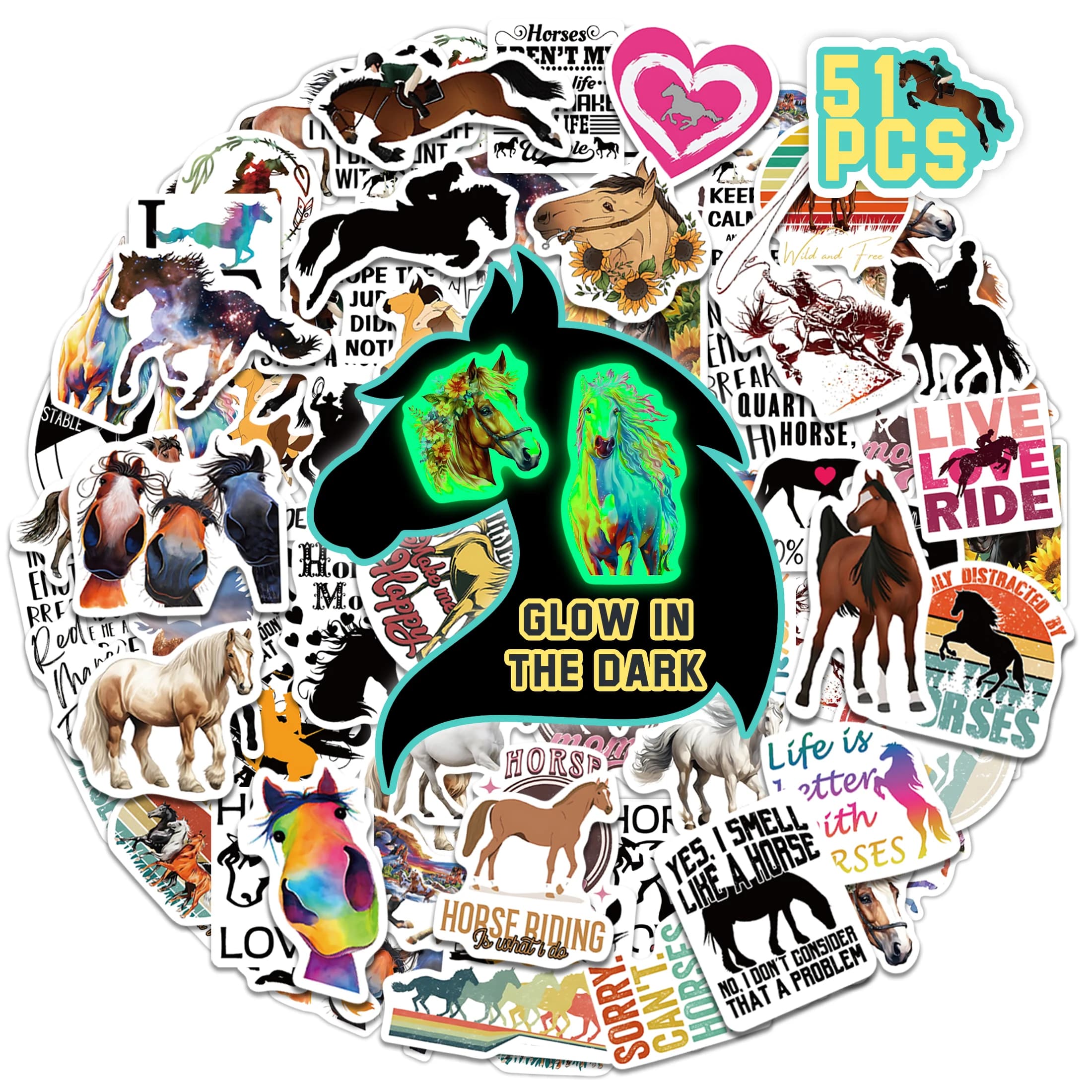 51 stickers for horses that light up in the dark, pack of stickers for horses, gifts for water bottles, laptop, car, luggage, waterproof stickers