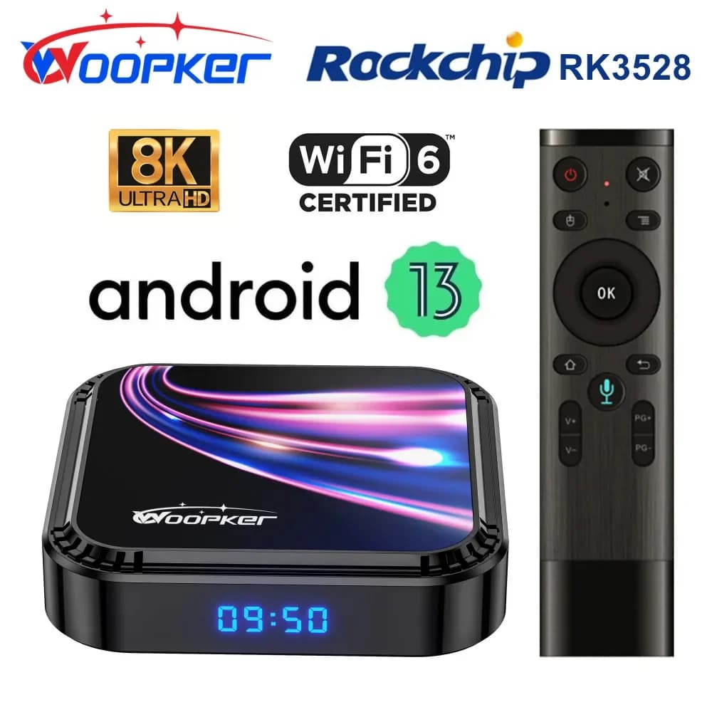 Woopker Android 13 TV Box K52 Rockchip RK3528 Smart TV Box Supporto 8K Wifi6 BT5.0 YouTube Google Assistente vocale Set Top Box