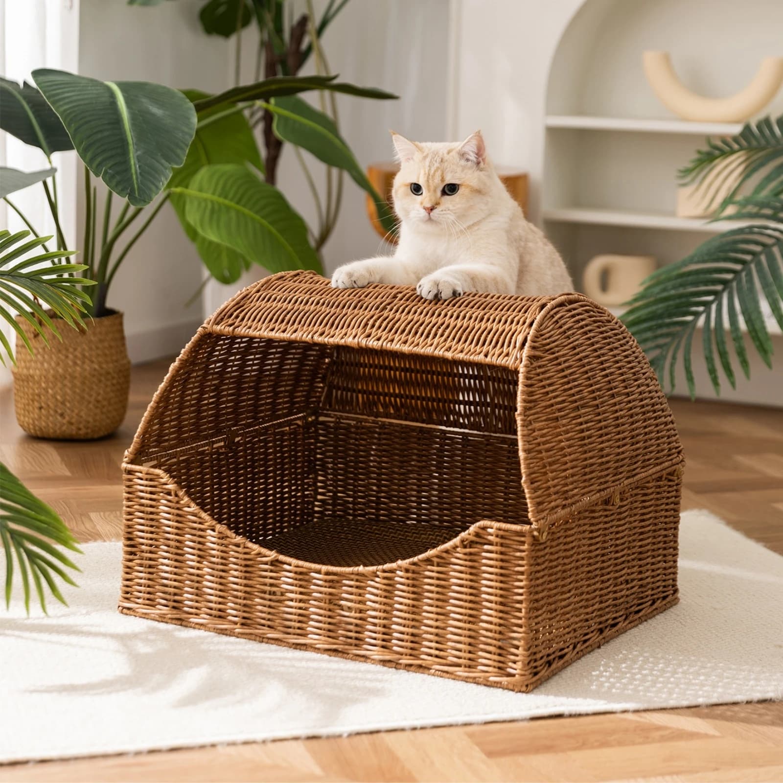 Drawer Design Pet Bed Breathable Semi Enclosed Feline Bed Wicker Feline House Cozy Woven Pet Nest Easy to Clean for Summer