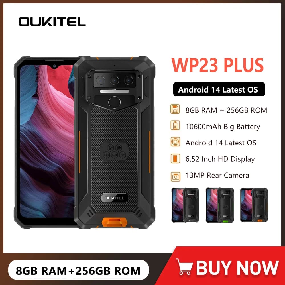 Oukitel WP23 Plus 4G Smartphone robusto Android 14 6.52 "8GB + 256GB Unisoc T606 Octa-core Telefono cellulare 10600mAh Batteria 13MP NFC