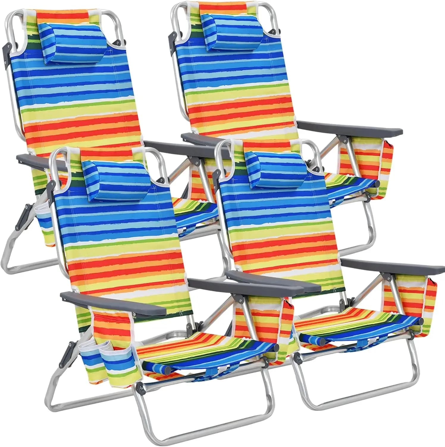 Sedie da spiaggia, sedia da campeggio con zaino da 4 pezzi con braccioli, borsa termica, portabicchieri, portasciugamani e tasche, lounge abbronzante per prendere il sole